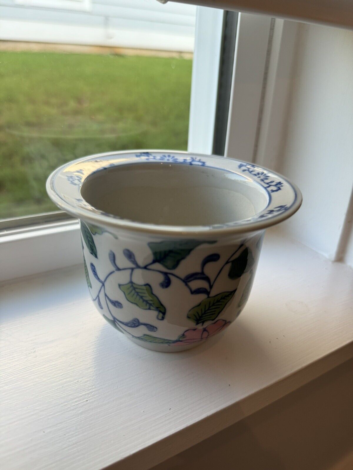 Vintage Chinese Blue White Pink Jardiniere Flower Pot Hand Painted , Succulent