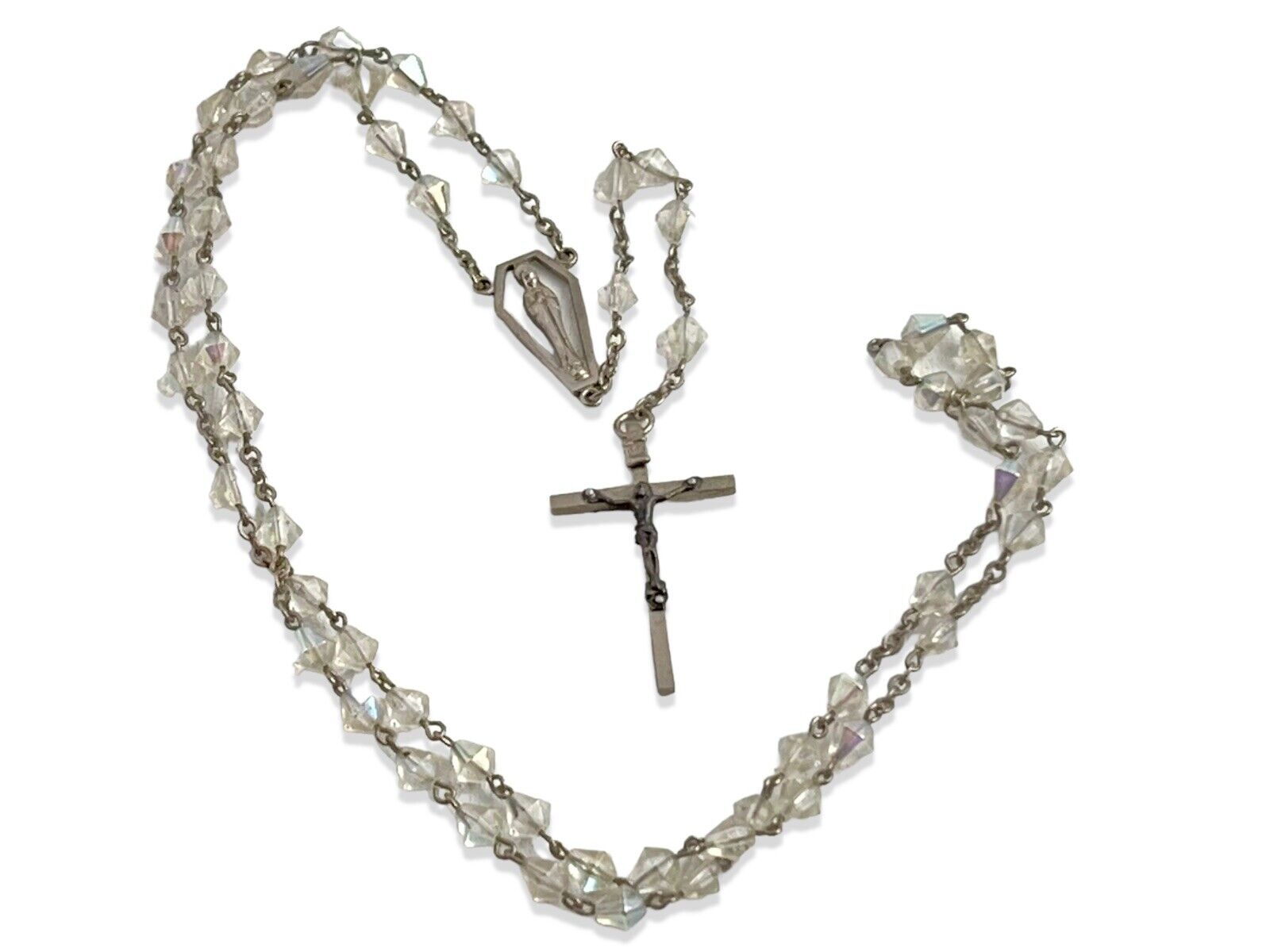 Vintage Rosary Clear Beads Silver Tone Crucifix 21” Long