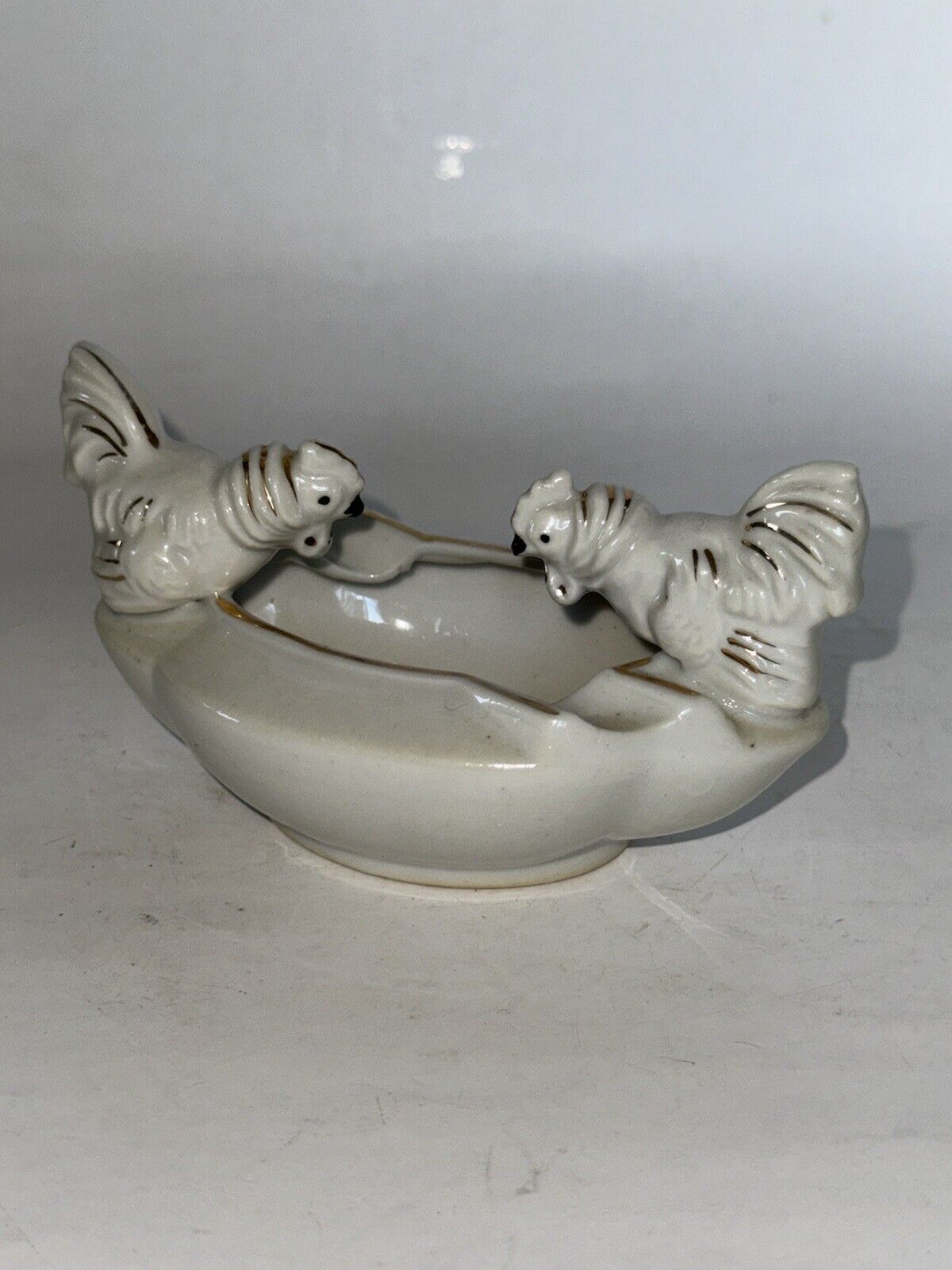 Vintage Figural Porcelain Ashtray JAPAN White Gold Trim Chickens