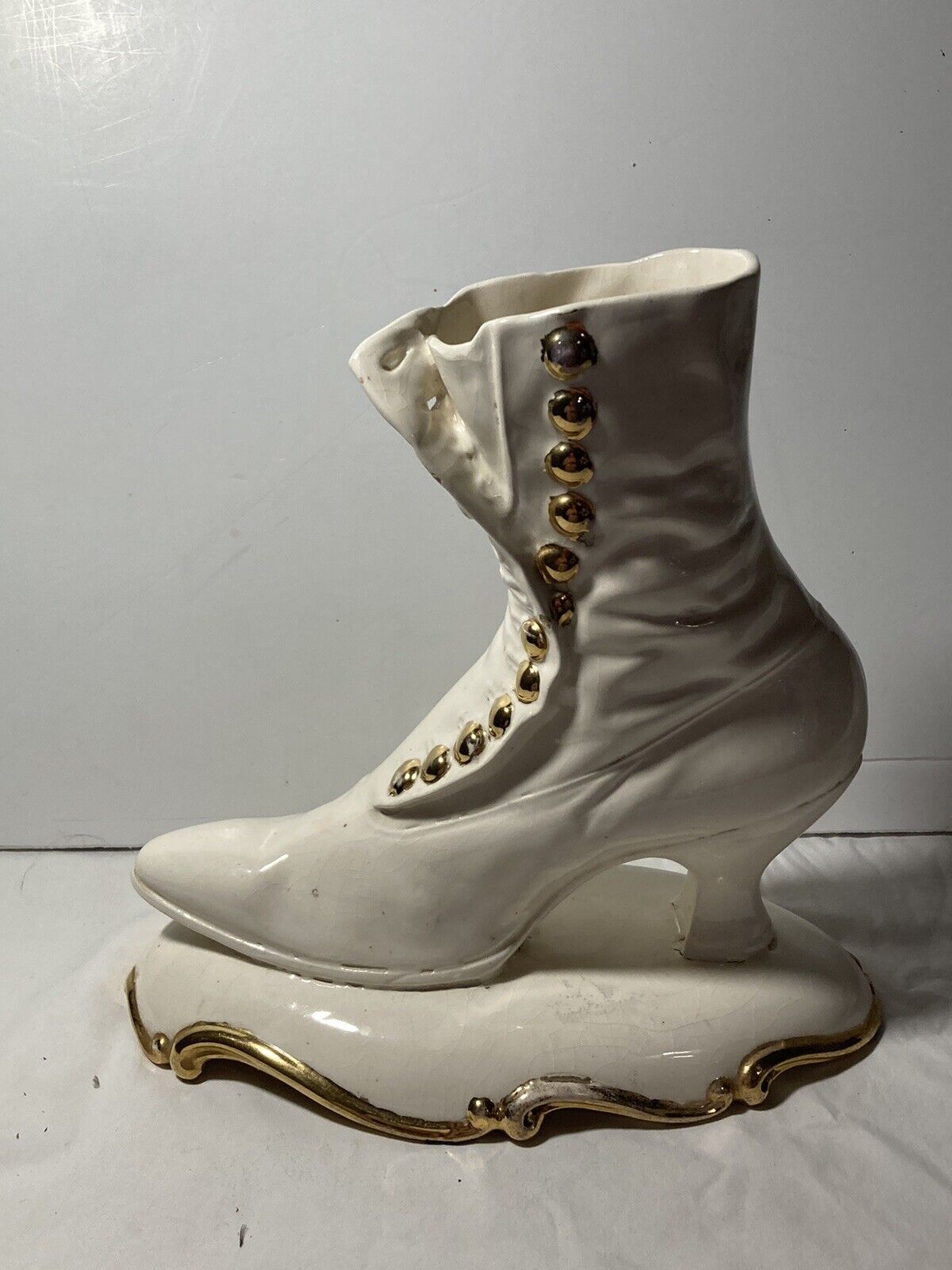 Vtg Atlantic Mold  Ivory Gold  Trim Ceramic Victorian Boot Button Up Shoe Vase