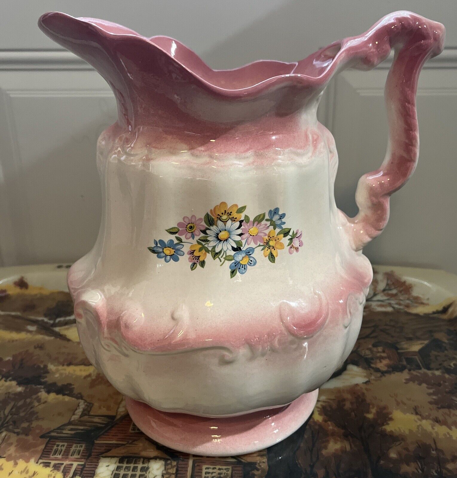 Vintage Victorian Style Porcelain Large Pitcher Pink Cream Floral