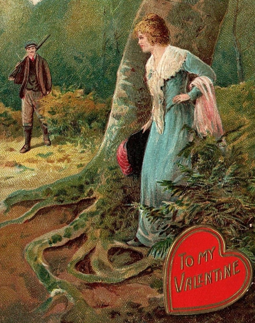 c1910 TO MY VALENTINE HUNTER WITH GUN FOREST LADY EMBOSSED POSTCARD 44-141