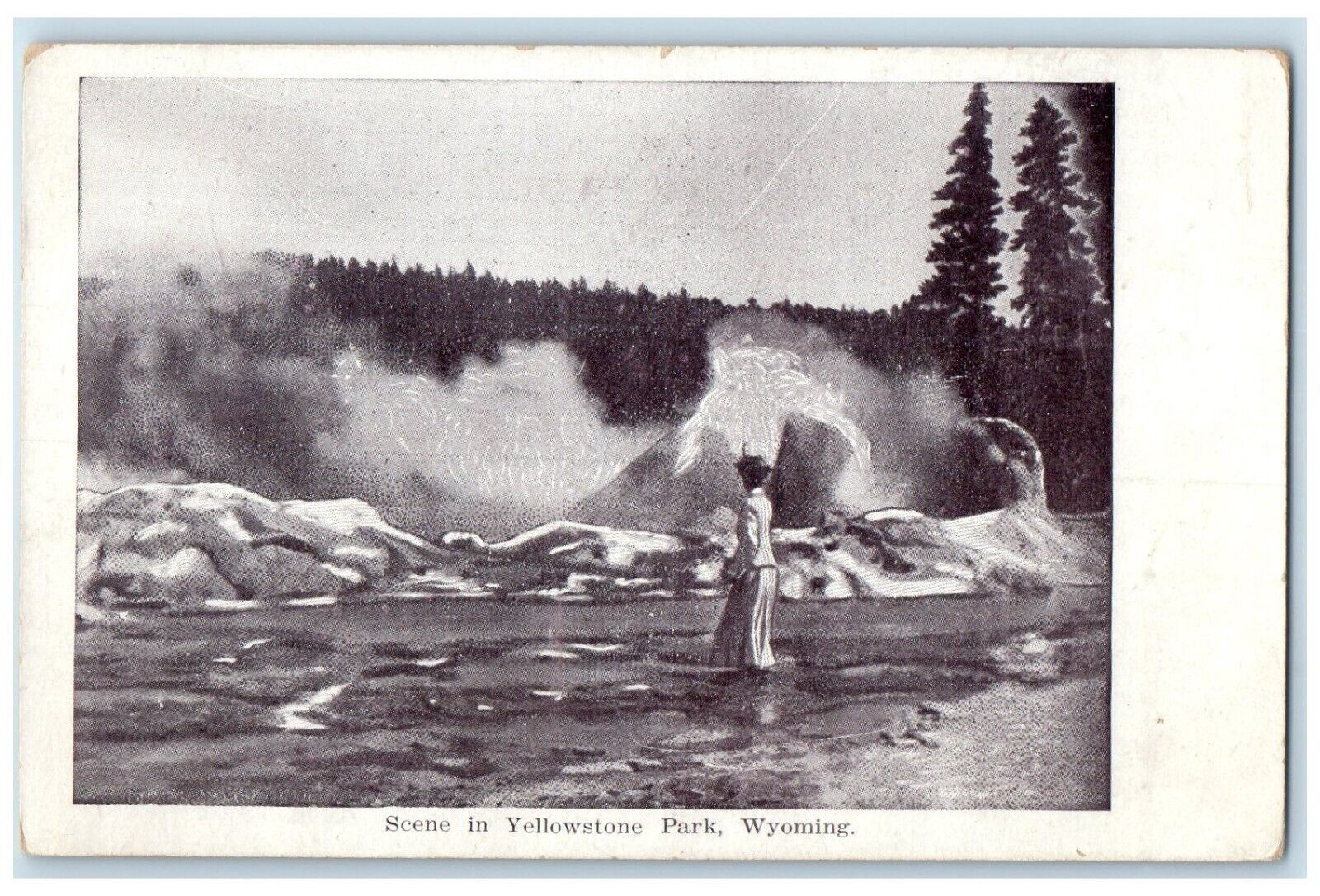 c1920 Scene River Lake Woman Yellowstone Park Wyoming Vintage Antique Postcard