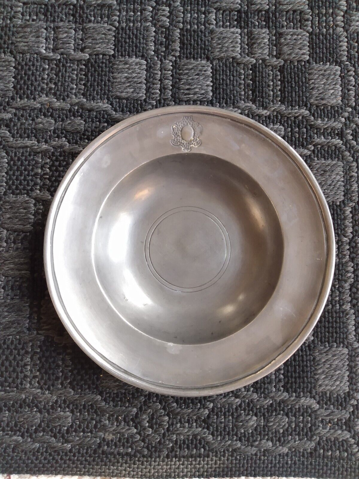Inscribed 18th C Antique European or German Pewter Bowl Small Deep Plate Dish