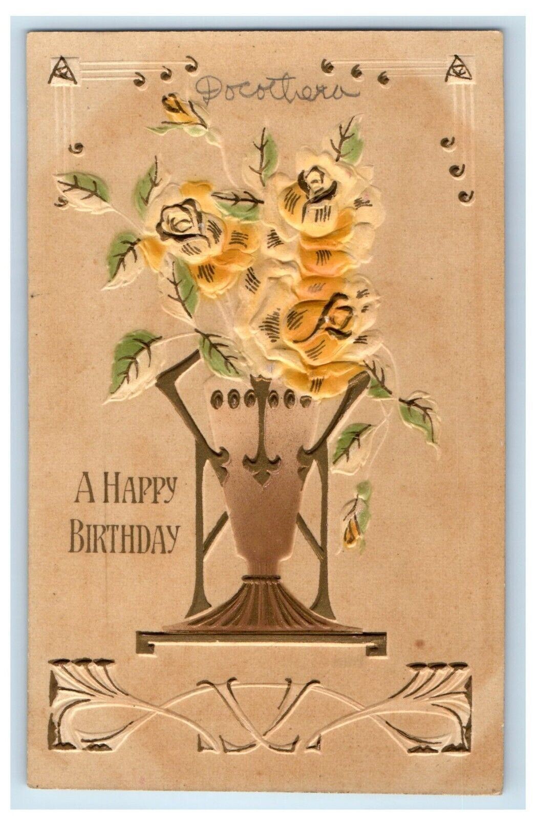 c1910's A Happy Birthday Greeting Flowers In Vase Art Nouveau Antique Postcard