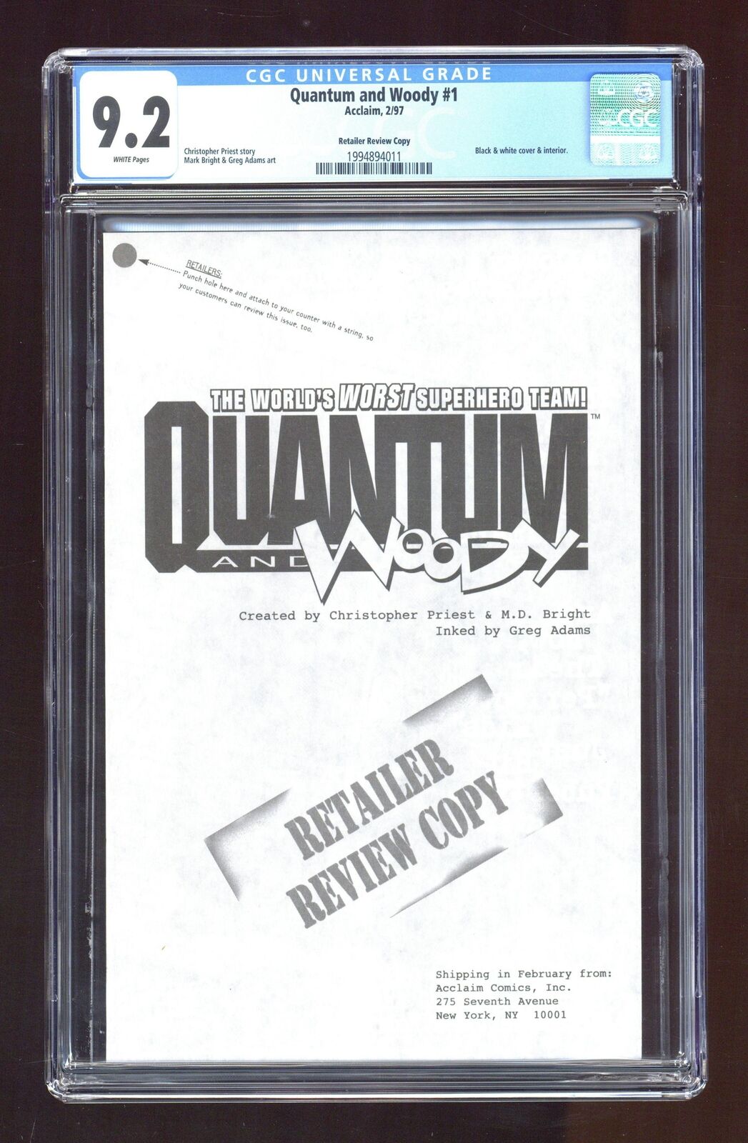 Quantum and Woody 1R Retailer Review Variant CGC 9.2 1997 1994894011