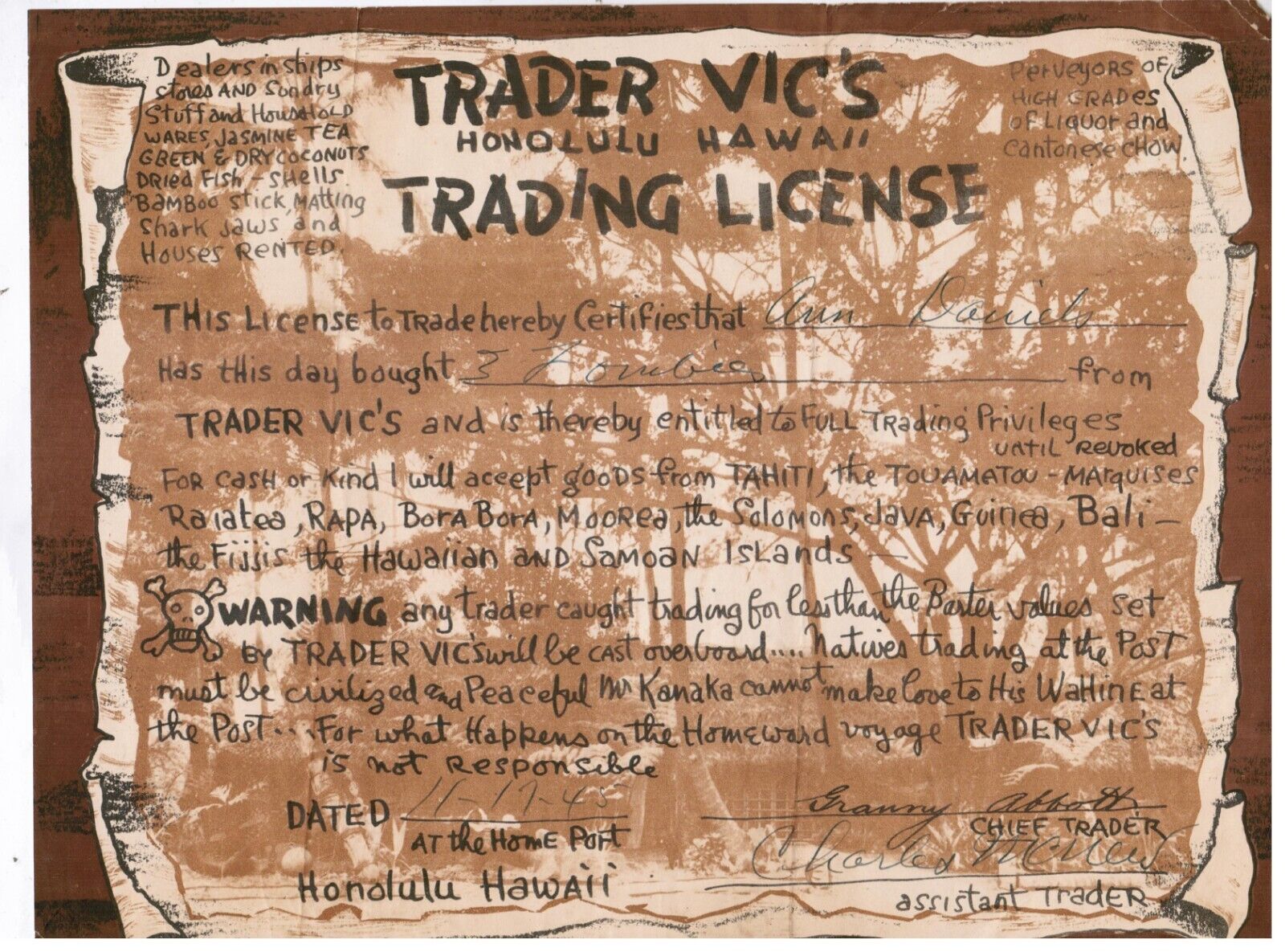 1945 TRADER VIC'S Trading License  Honolulu Hawaii