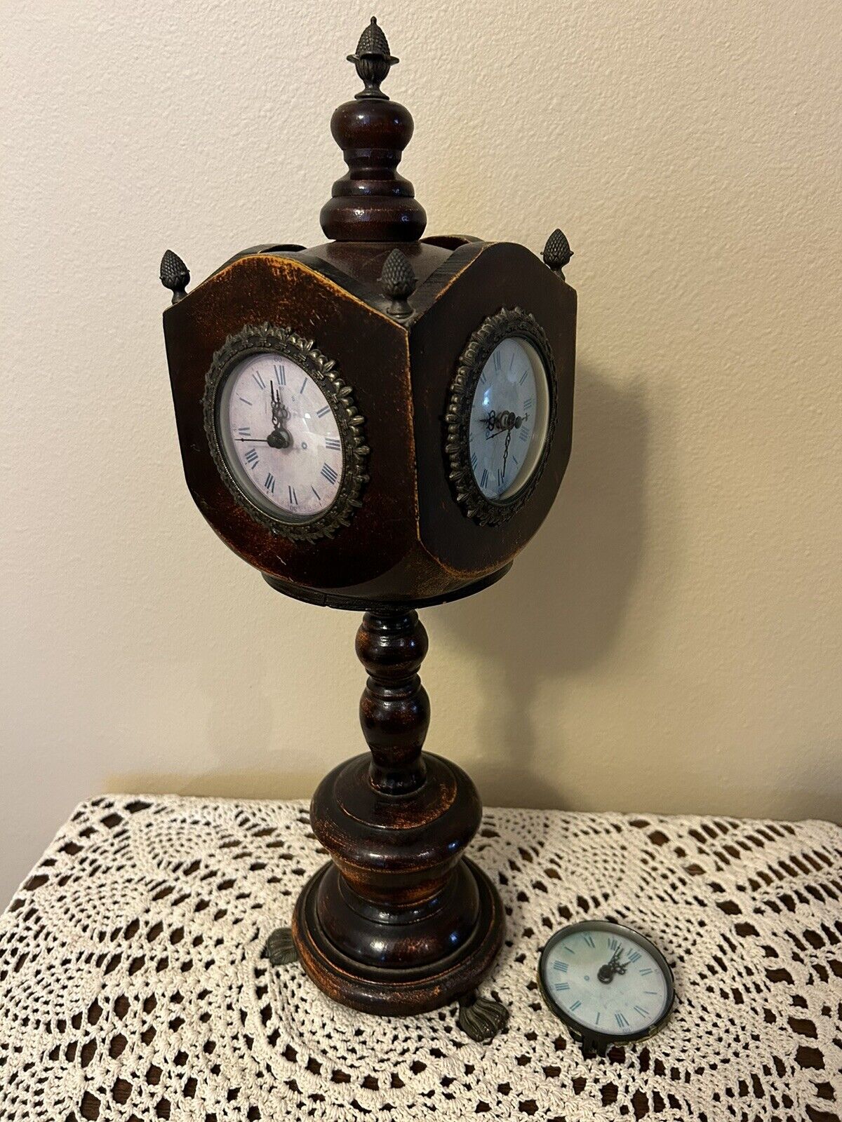 Vintage Four 4 Sided Clock Wooden 13” Tall READ
