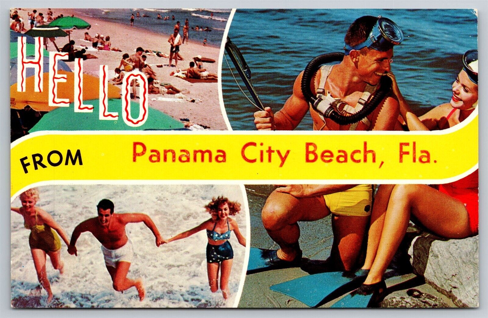 FL Greetings Hello from Panama City Beach SCUBA Diver Bathers Vtg Postcard View