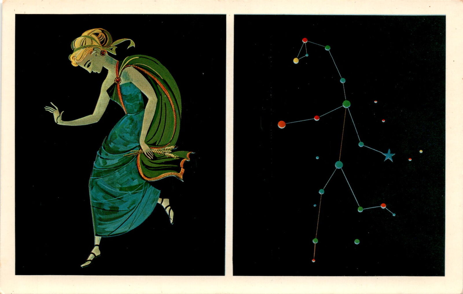 Virgo, maiden, sheaf of grain, Egyptian mythology, Typhon, Milky Way, Postcard
