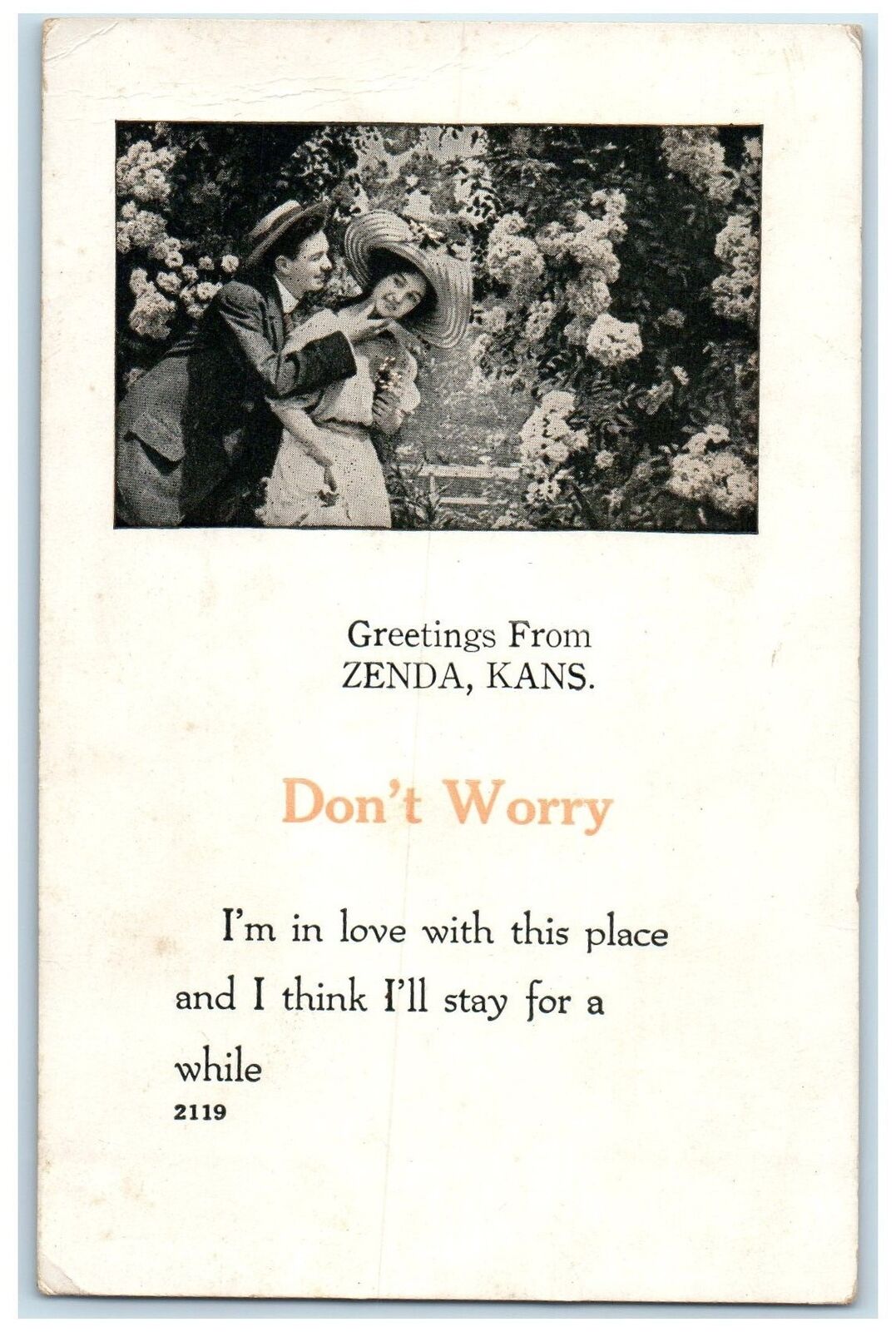 1915 Greetings From Zenda Don't Worry I'm In Love This Place Kansas KS Postcard