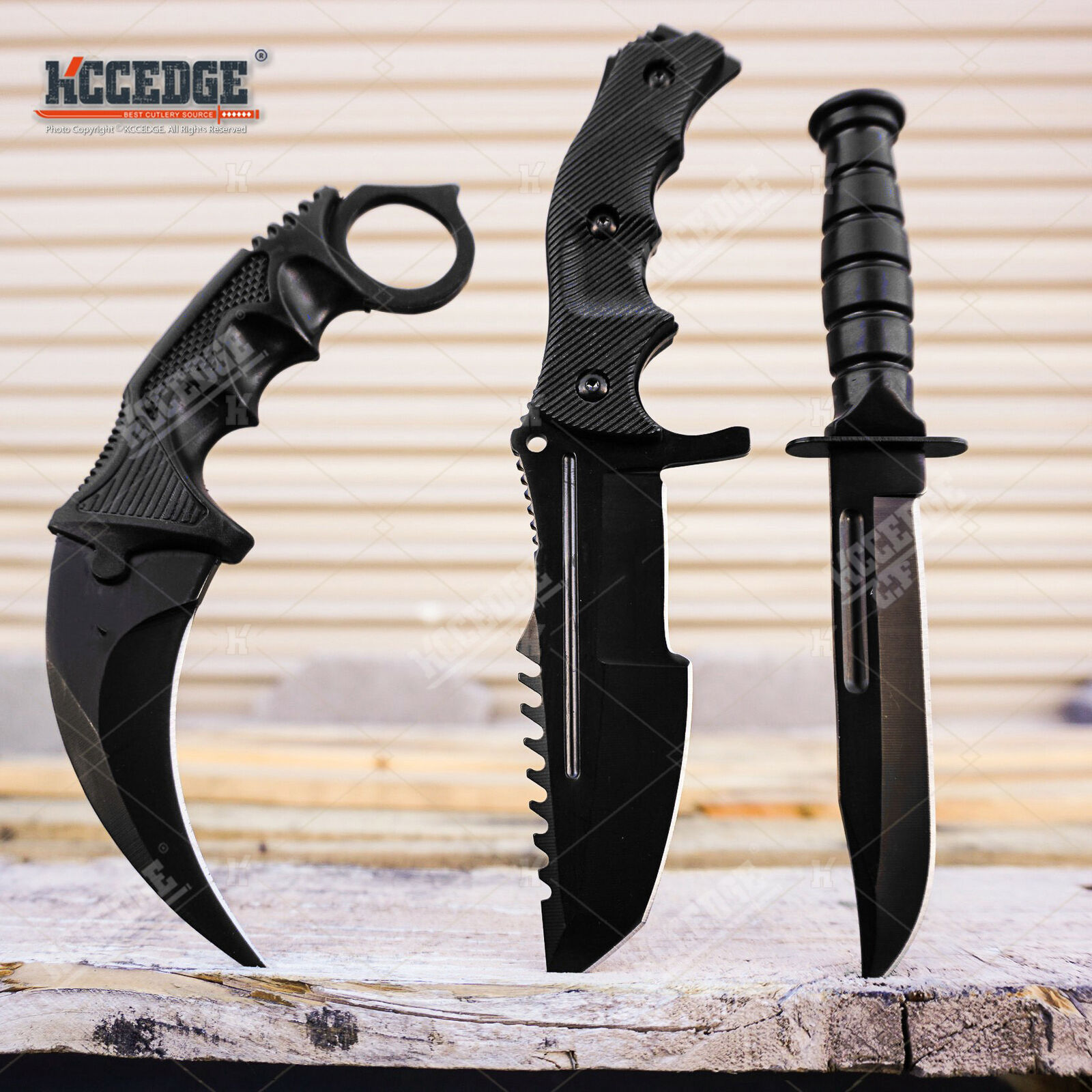 3PC COMBO SET Tactical Knife Fixed Blade Karambit Clip Point Boot Knife Black