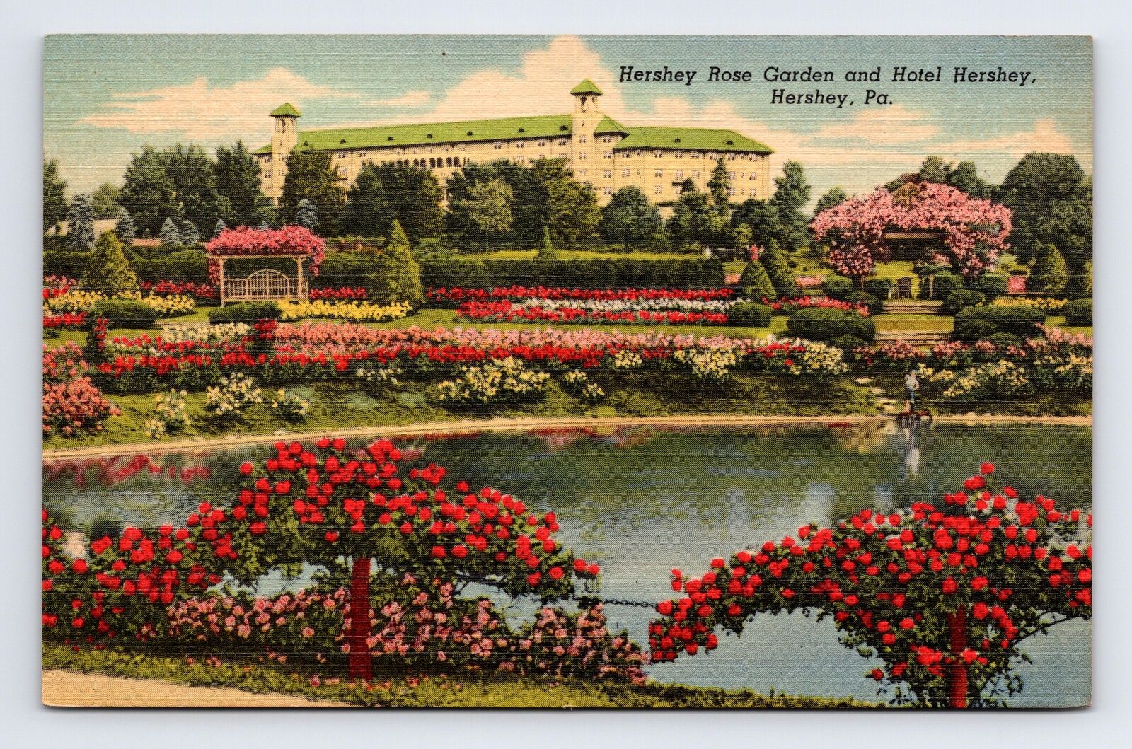 c1951 Linen Postcard Hershey PA Pennsylvania Hershey Rose Garden & Hotel