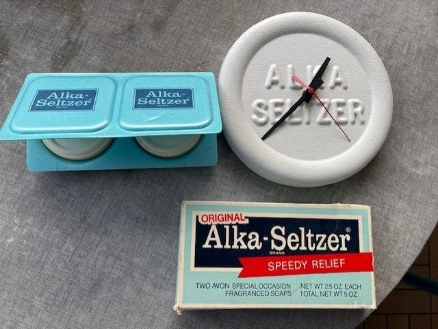 Vintage Avon 1978 Alka Seltzer 2 Soap 5oz Set + Vintage Rare Battery Wall Clock