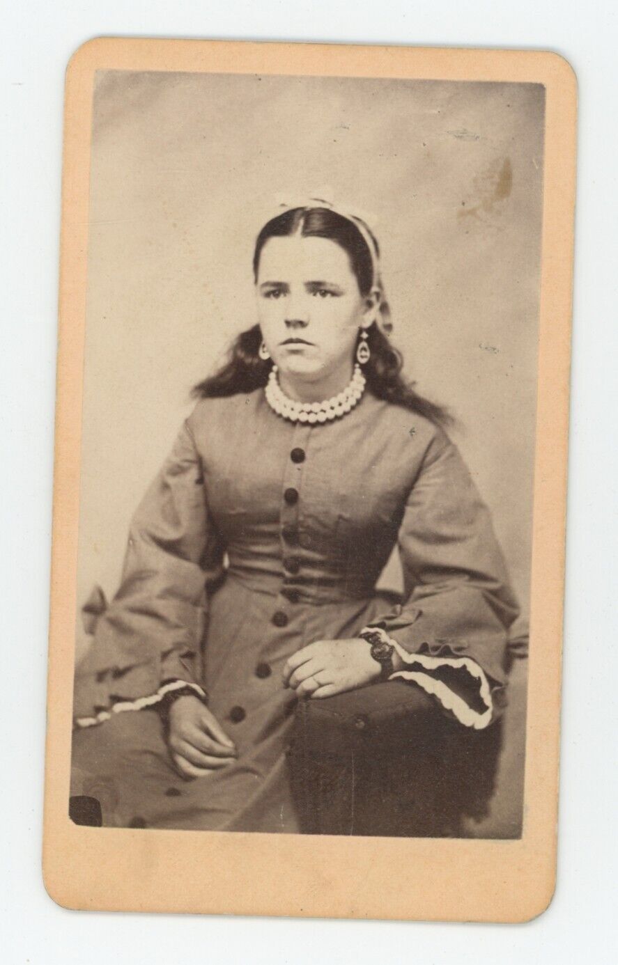 Antique CDV Circa 1870s Beautiful Young Girl Stunning Pearl Necklace & Earrings