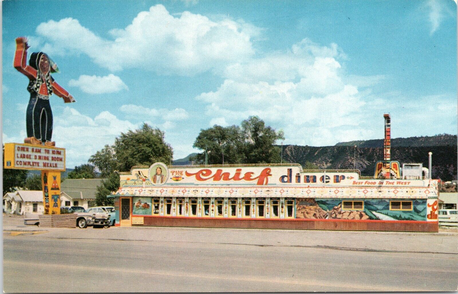 C.1960s Durango CO THE CHIEF DINER Neon Sign Classic Cars Colorado Postcard 87