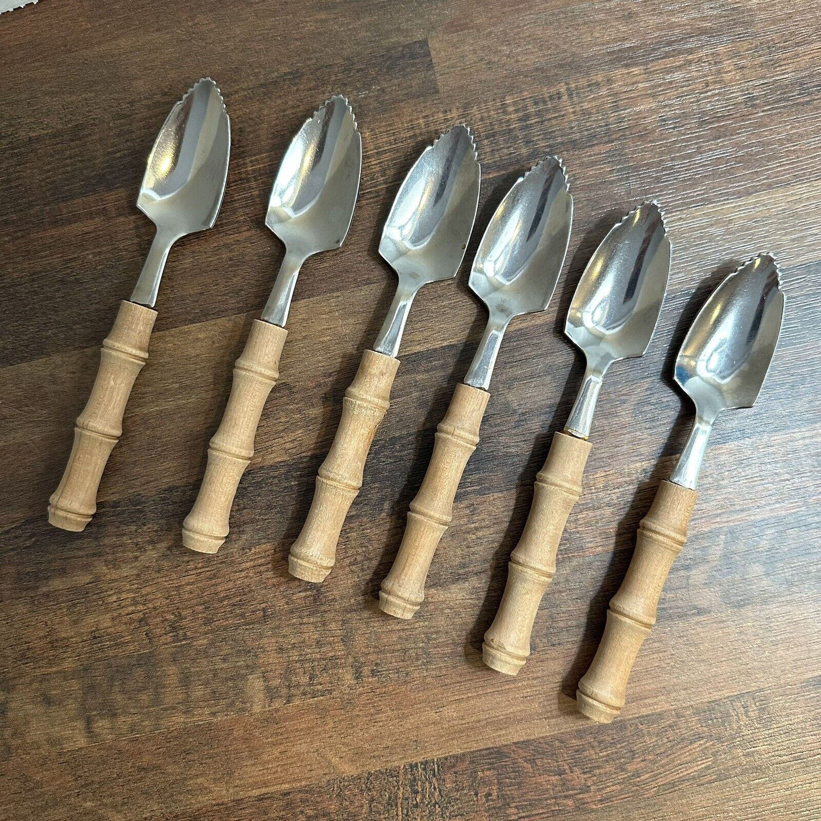 6 Vintage Serrated Bamboo Handle Grapefruit Fruit Spoons Stainless Made in Japan