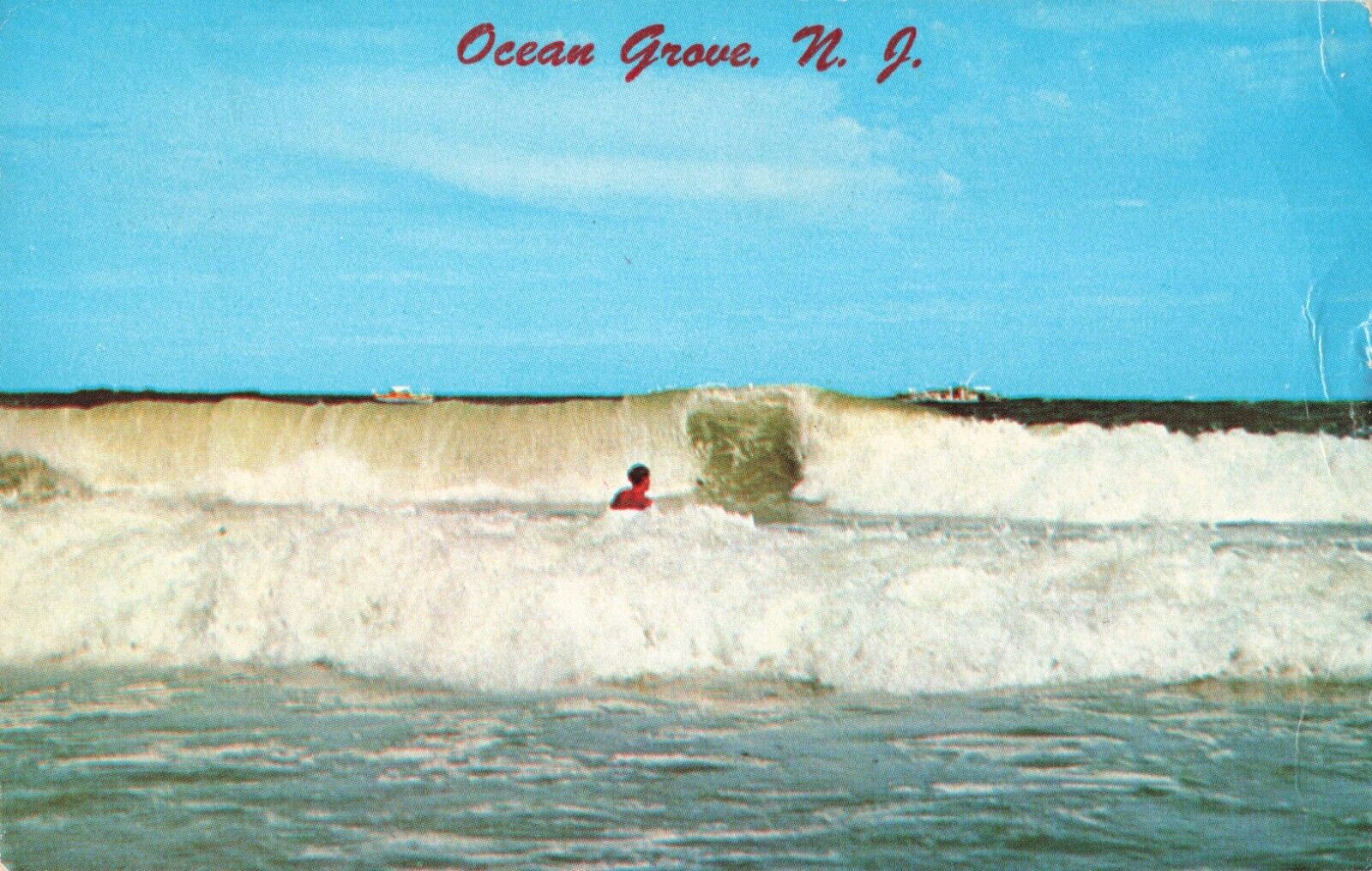 Ocean Grove NJ, Rolling Heavy Surf, Atlantic, Boats, Surfer, Vintage Postcard