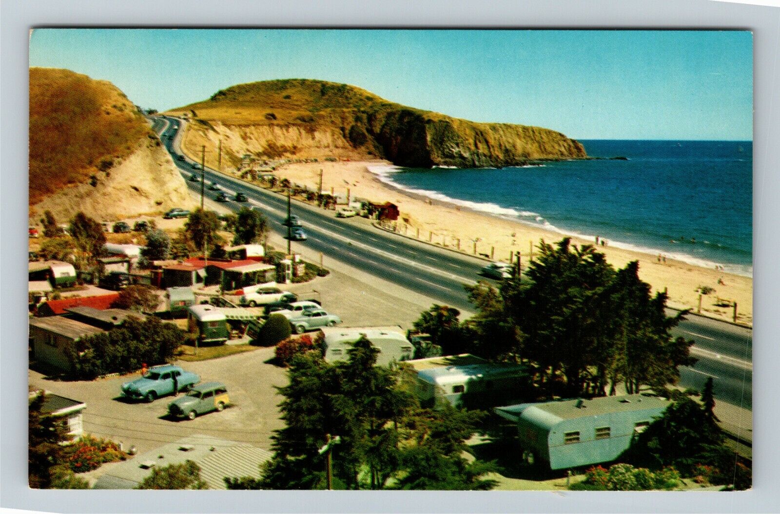 Scenic Highway 101 CA-California, Ocean, Classic Cars, Camper Vintage Postcard
