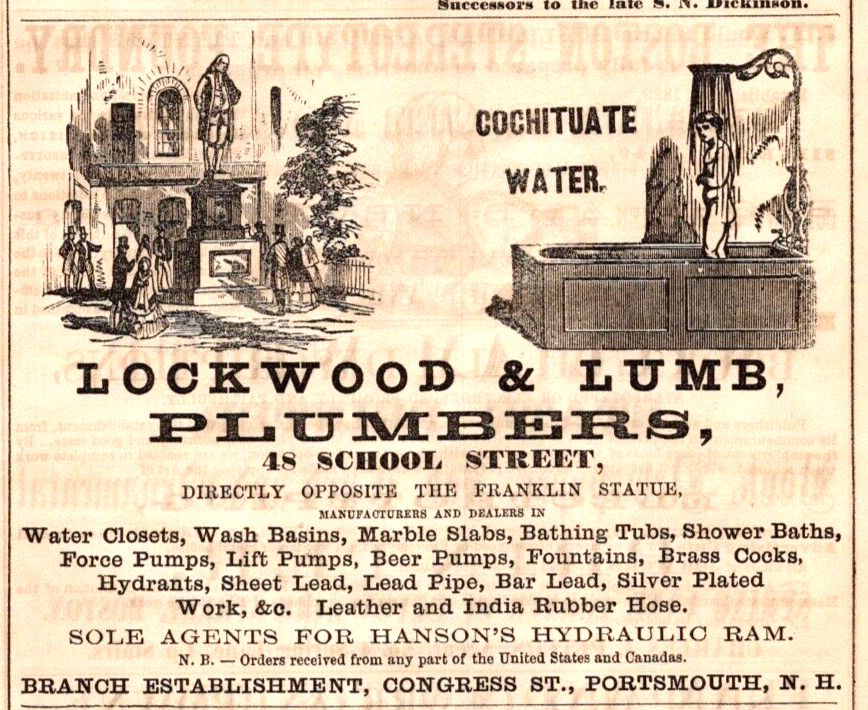 1858 Lockwood & Lumb Plumbers Cochituate Water PORTSMOUTH NH 3.75\