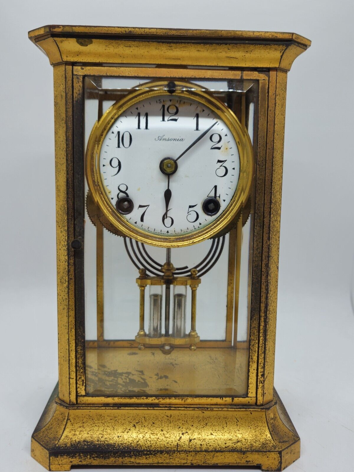 Antique 1920s ANSONIA Brass & Beveled Glass Crystal Regulator Mantel Shelf Clock