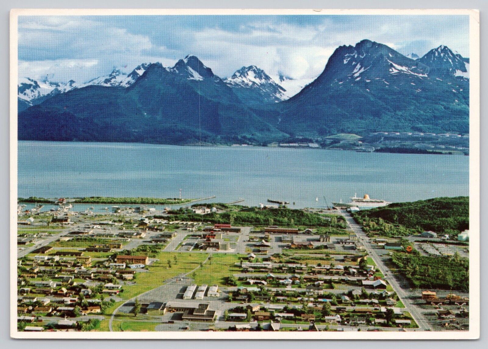 Valdez Alaska, Aerial View of the City Bay & Mountains, Vintage Postcard