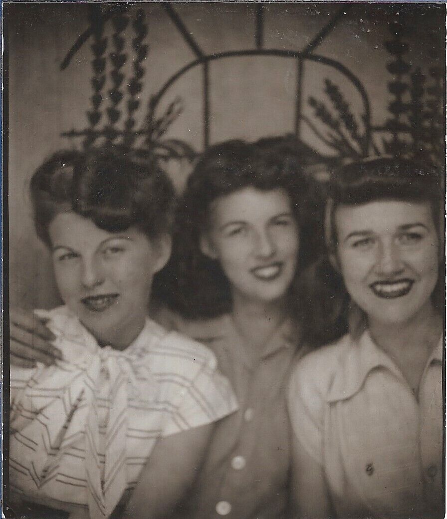 Three Ladies Photograph 1940s Photobooth Vintage Pretty Young Smiling 3 x 3 1/2