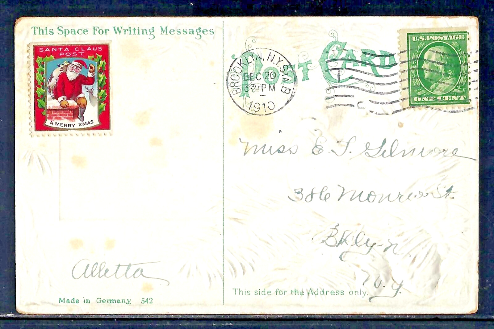 EMBOSSED CHRISTMAS CARD - POSTED 1910 BROOKLYN NY - CHRISTMAS SEAL
