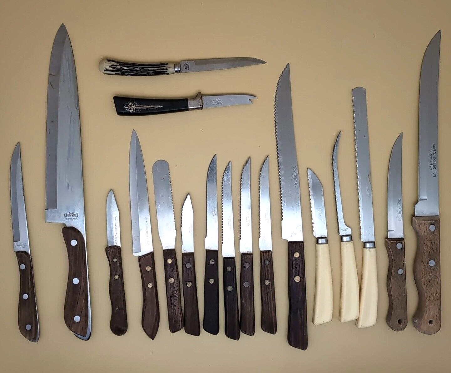 VINTAGE LOT OF 18: Kitchen Knife Knives Full Half Tang MCM Wood Handle Ecko MORE