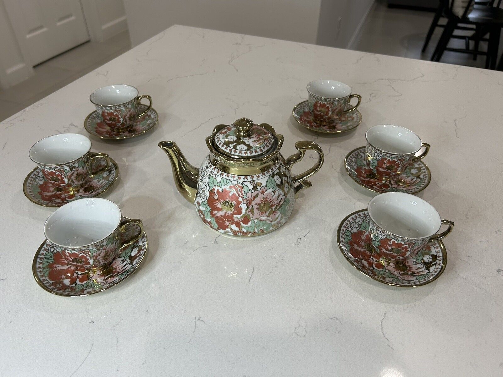 Tea Pot Set Vintage Gold Floral Porcelain European Bone China