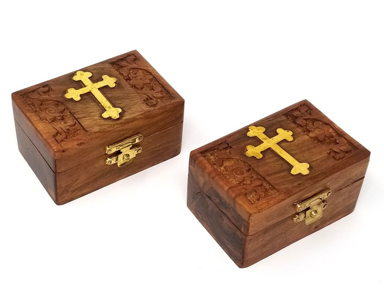 Jewelry Keepsake Wooden Box w Cross Holy Gift Cross Inlay Box - Set of 2