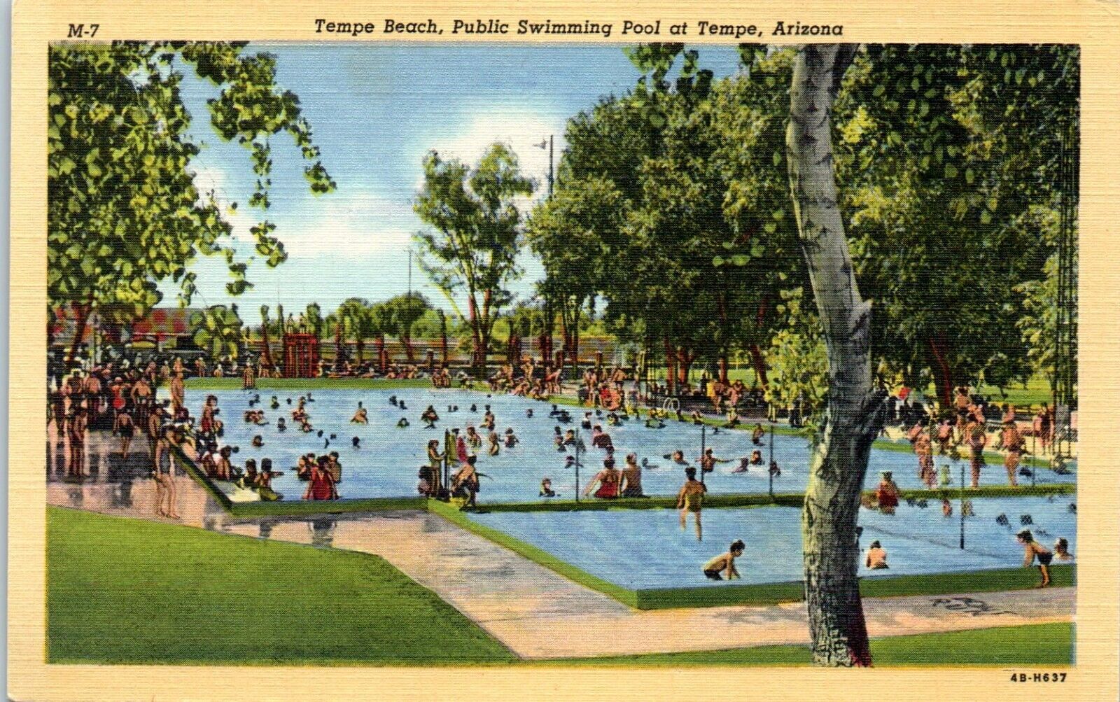 c1940s Linen Postcard Tempe AZ Arizona Beach Public Swimming Pool