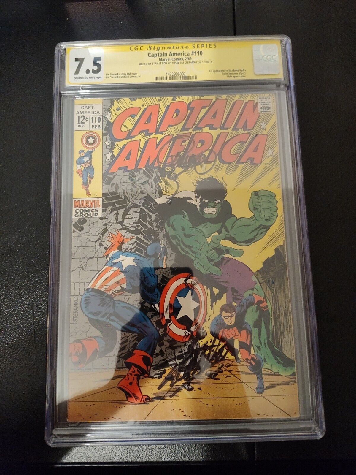 Captain America #110, 2/69, Marvel, Signed By Stan Lee & Jim Steranko  CGC 7.5