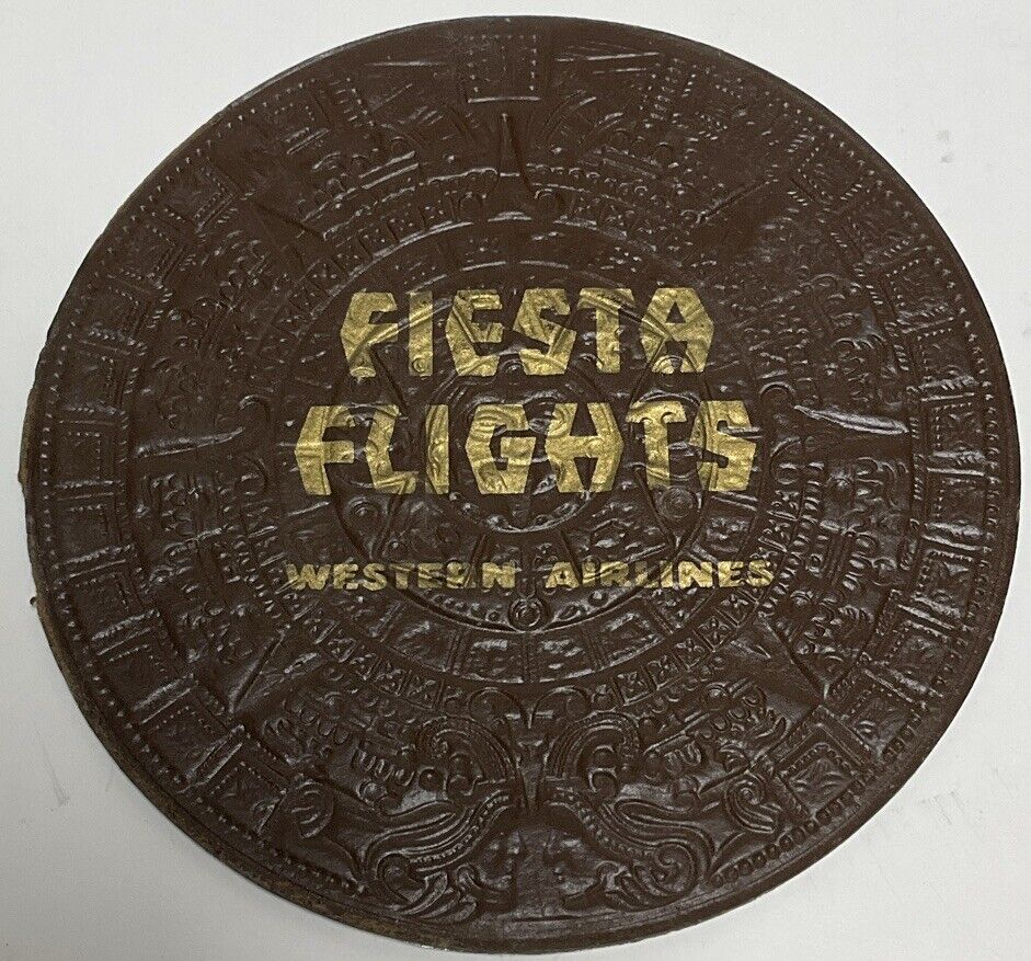 Rare Western Airlines “Fiesta Flights” Drinking Coaster Mayan Calendar Aztec