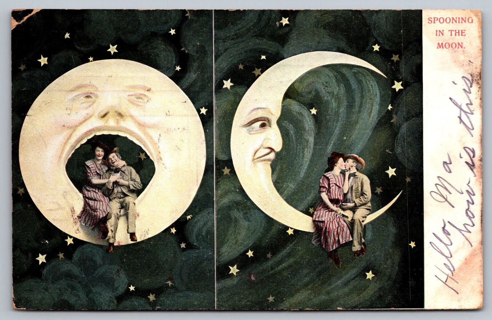 Spooning in the Moon-Antique German c1907 Postcard