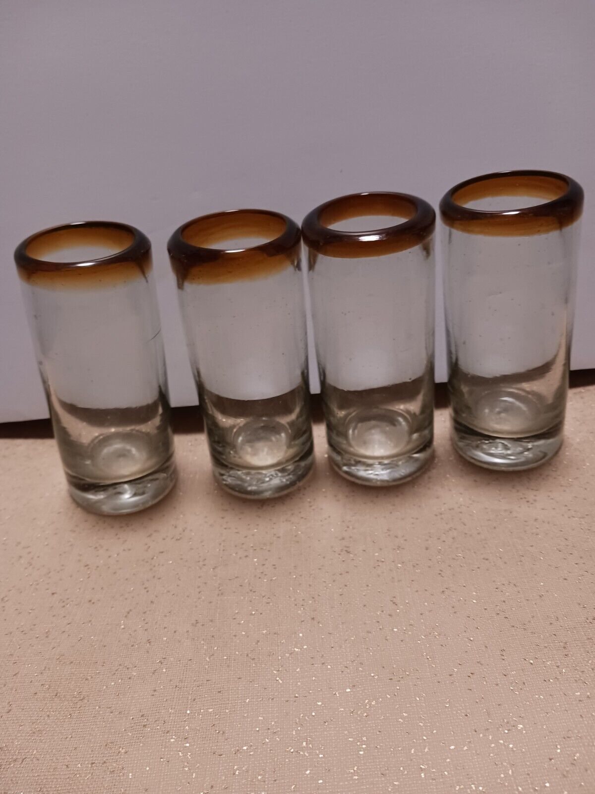 Set of 4 Mexican Hand Blown Heavy Tequila Shot Glasses Amber Rim  3 3/4\