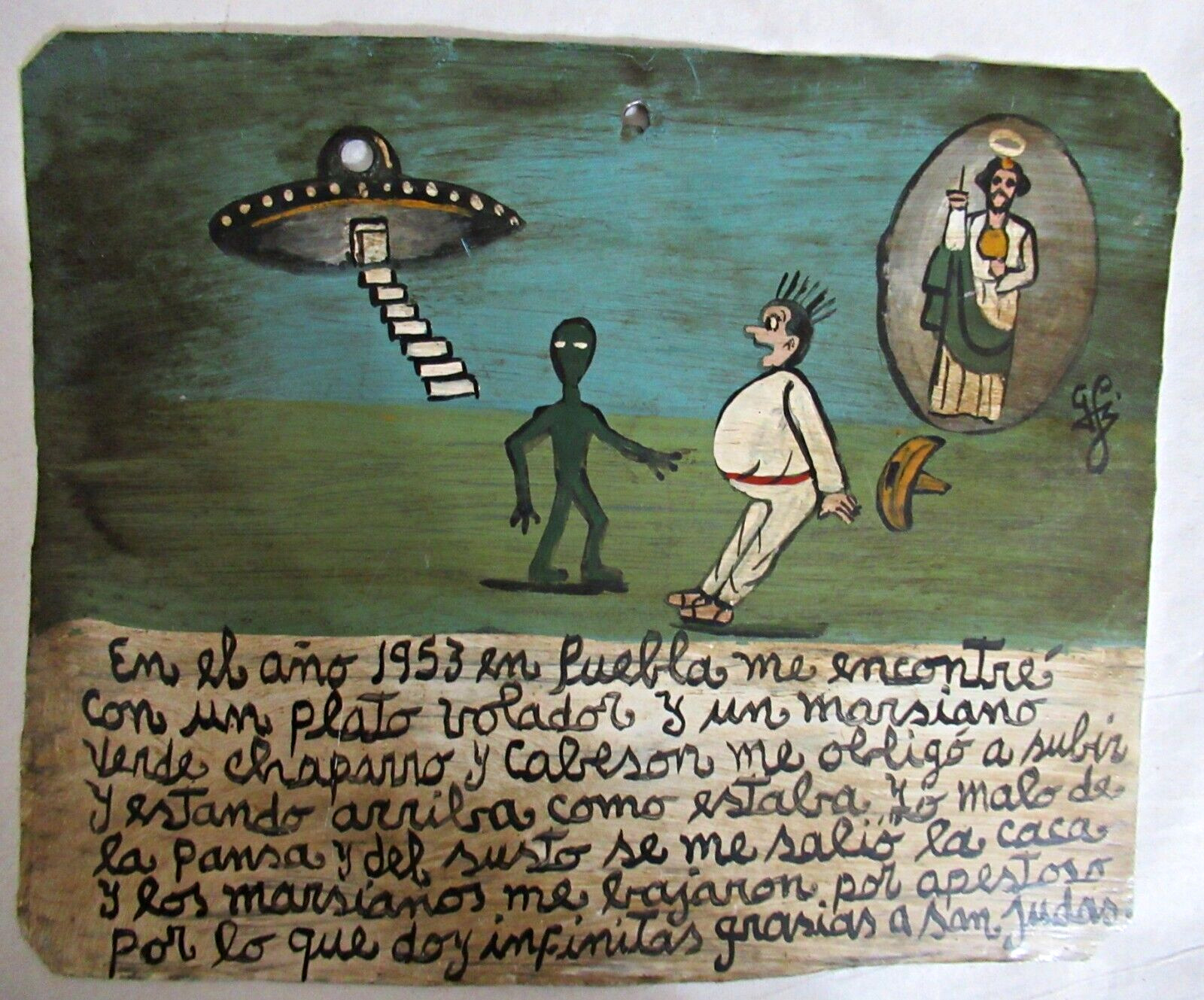 VTG 1953 HP MEXICAN TIN RETABLO SAN JUDAS SAVED MAN FROM FLYING SAUCER MARTIANS