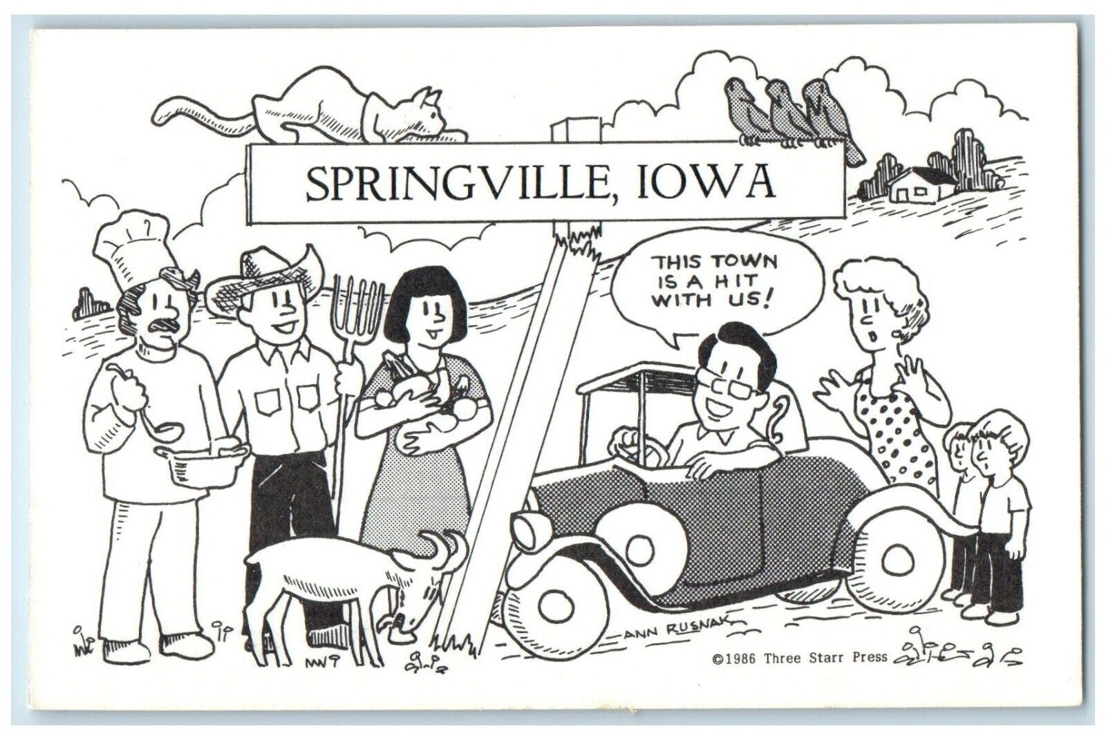 c1940 Comic Chef Farmer Signage Classic Car Springville Iowa IA Vintage Postcard
