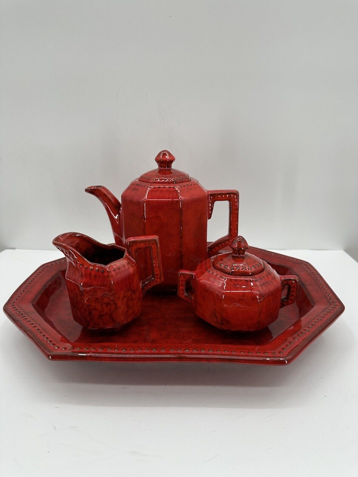 Stunning Vintage PV PEASANT VILLAGE ITALY Tea Set Red Teapot/Creamer/Sugar/Tray