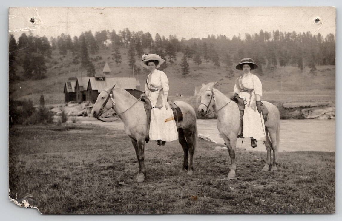 Victorian Women on Horseback Patriotic Sashes Fringe Gloves RPPC Postcard D27