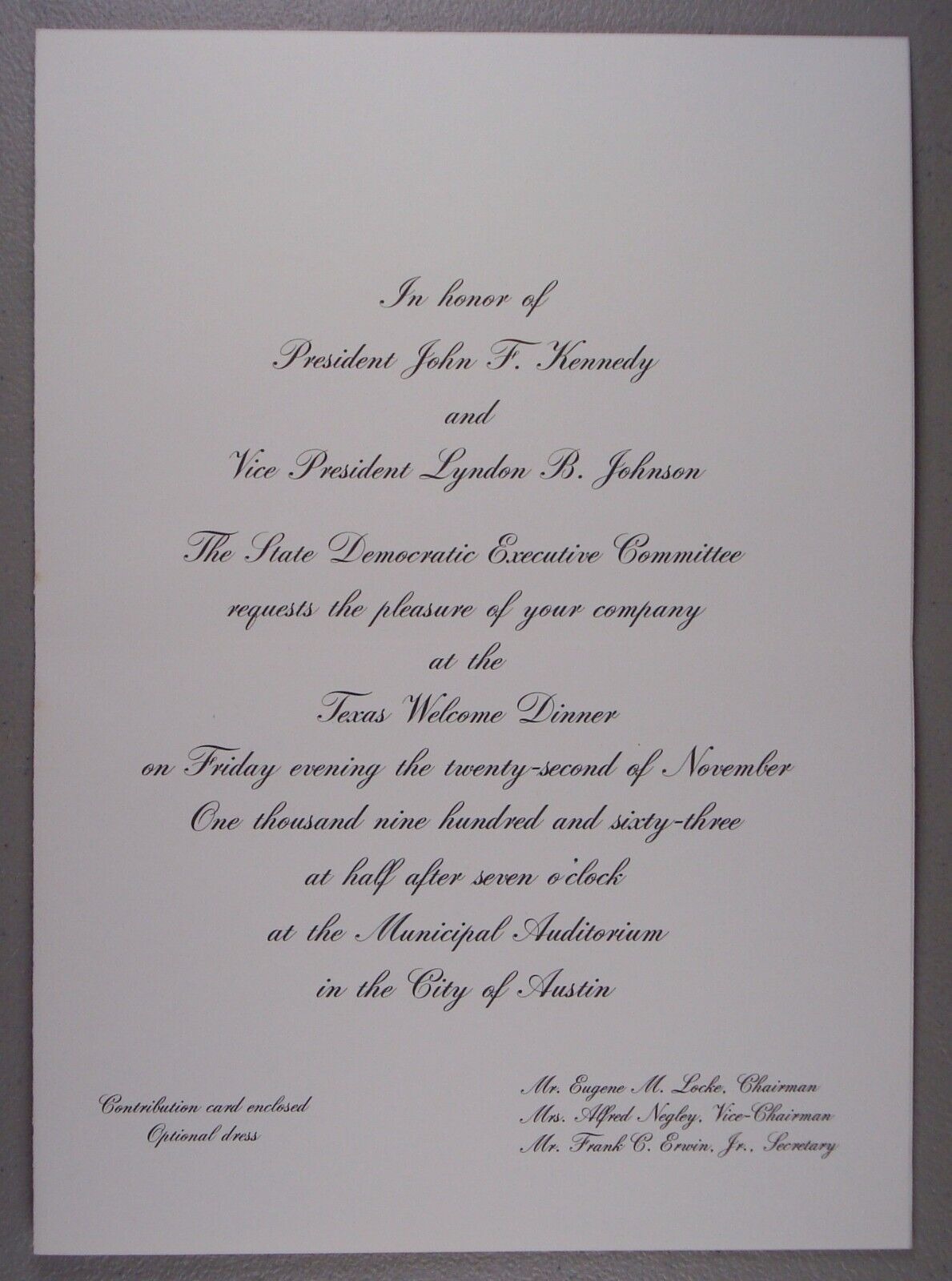 1963 Texas Welcome Dinner Invitation John F Kennedy Assassinated Ticket