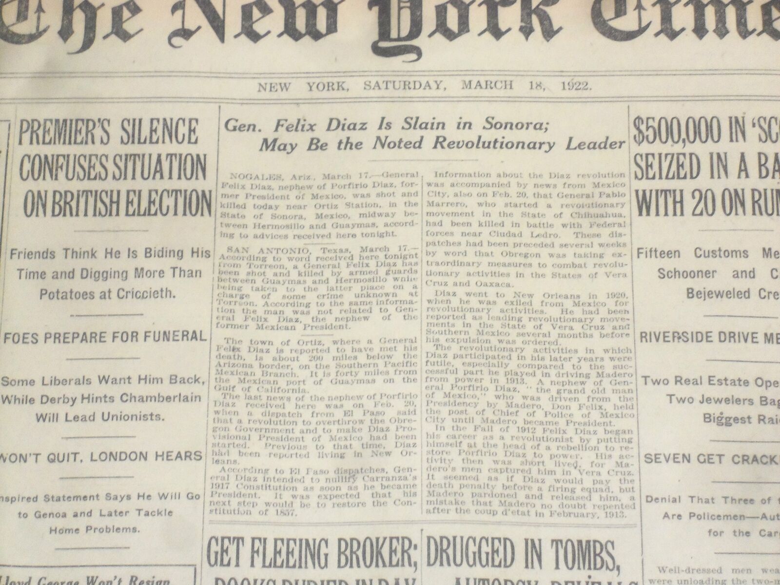 1922 MARCH 18 NEW YORK TIMES - GENERAL FELIX DIAZ SLAIN IN SONORA - NT 8319