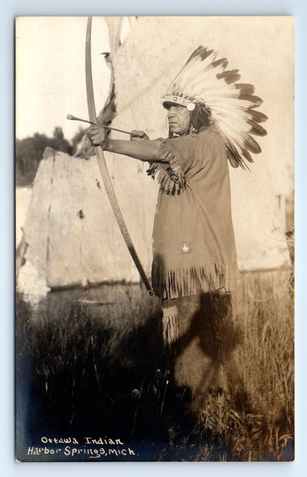Ottawa Indian Native American Harbor Springs MI Bow Arrow RPPC Postcard c.1930