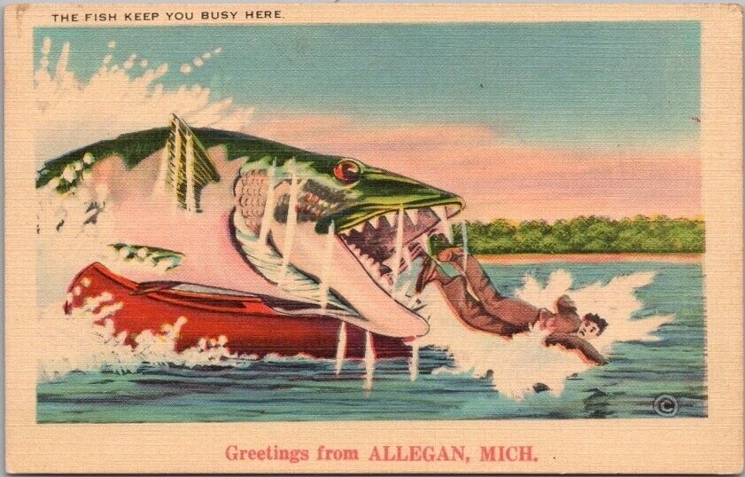 ALLEGAN Michigan Exaggeration Linen Comic Postcard \