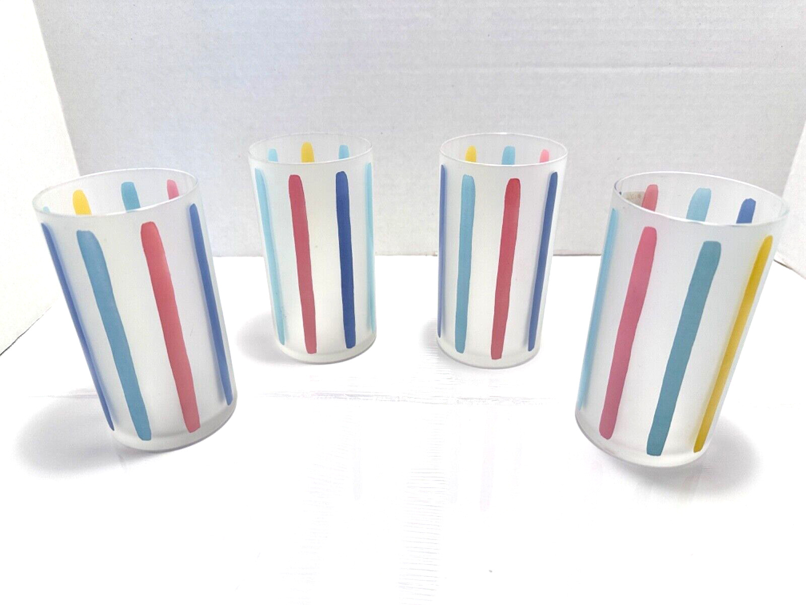 Vintage Frosted Drinking Glasses Pastel Lines/Colorful Stripes Set of 4 Katja?