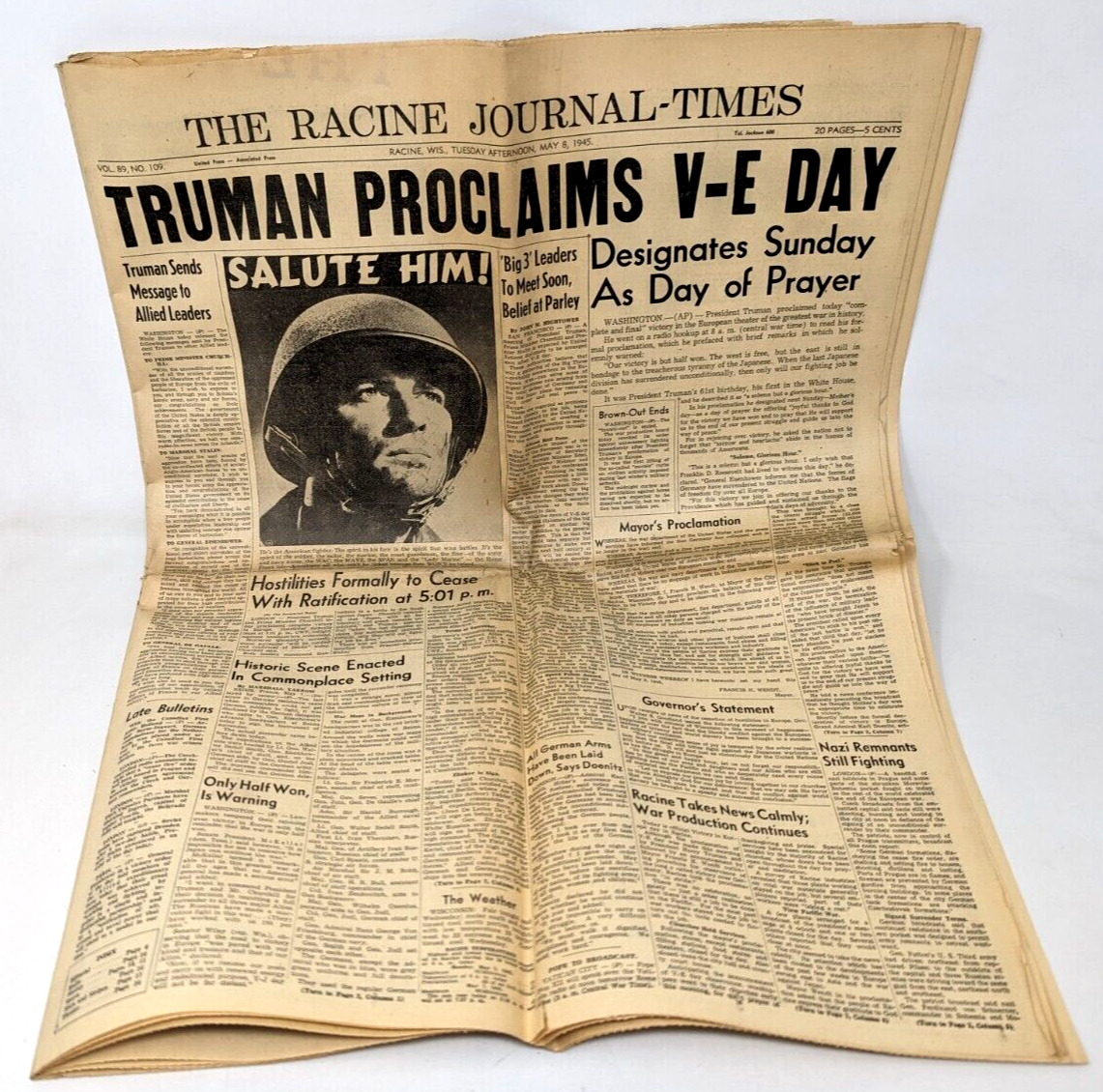 Vintage Racine Journal Times May 8 1945 Truman V-E Day War WWII Newspaper A24