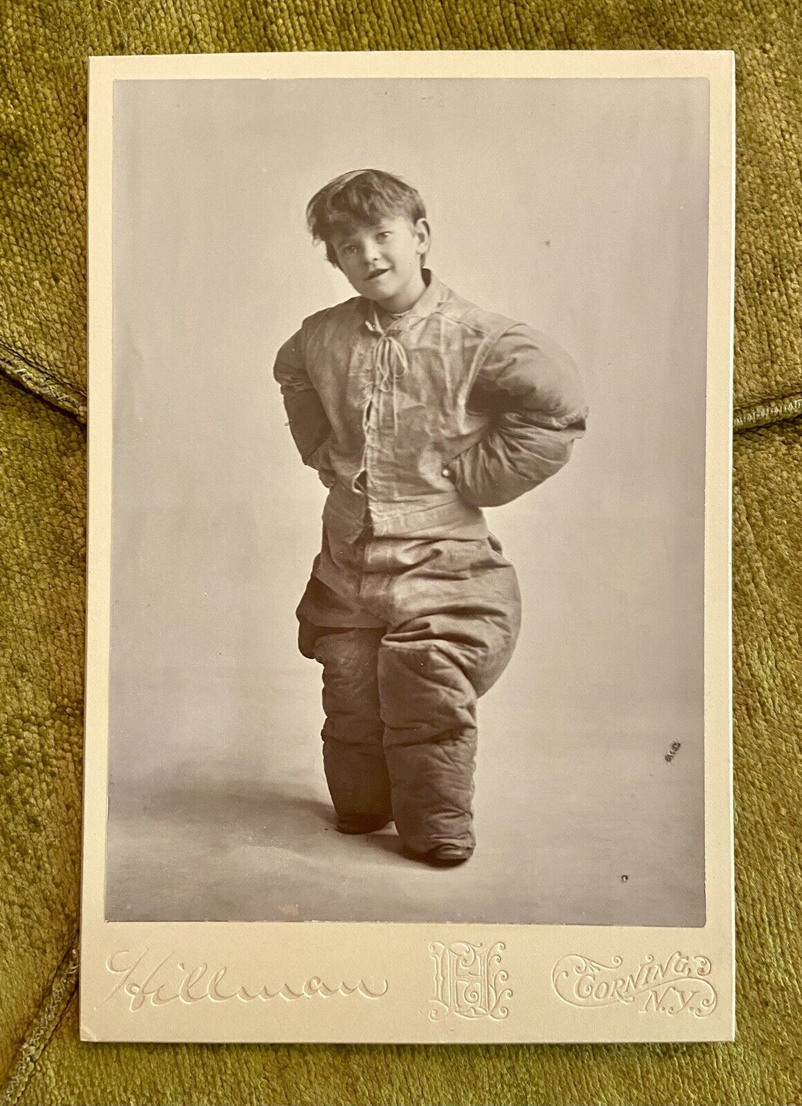 ODD Antique Cabinet Card Photo FOOTBALL Uniform Too Big Little Boy Corning NY