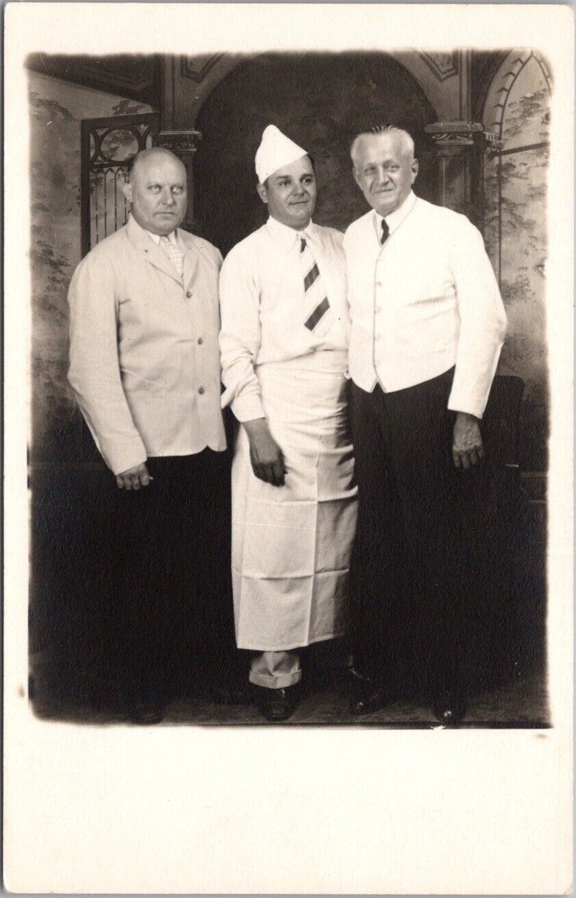 1938 Studio RPPC Real Photo Postcard Three Guys in Restaurant Service Uniforms