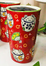 Ebros Red Maneki Neko Lucky Cat Ceramic Travel Mug Cup 12oz With Lid Hot Or Cold picture