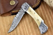Engraved Folding Knife Custom Damascus Steel Pocket Knife W/Sheath Bone Handle picture